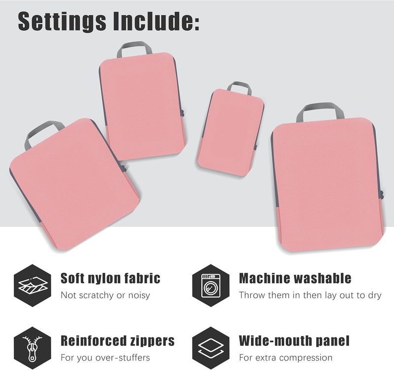 PANDA JOYS 4 Set Compression Packing Cubes Travel - Travel Accessories Expandable Packing Organizers for Carry On - Essentials Luggage Bags - Pink - Image 3